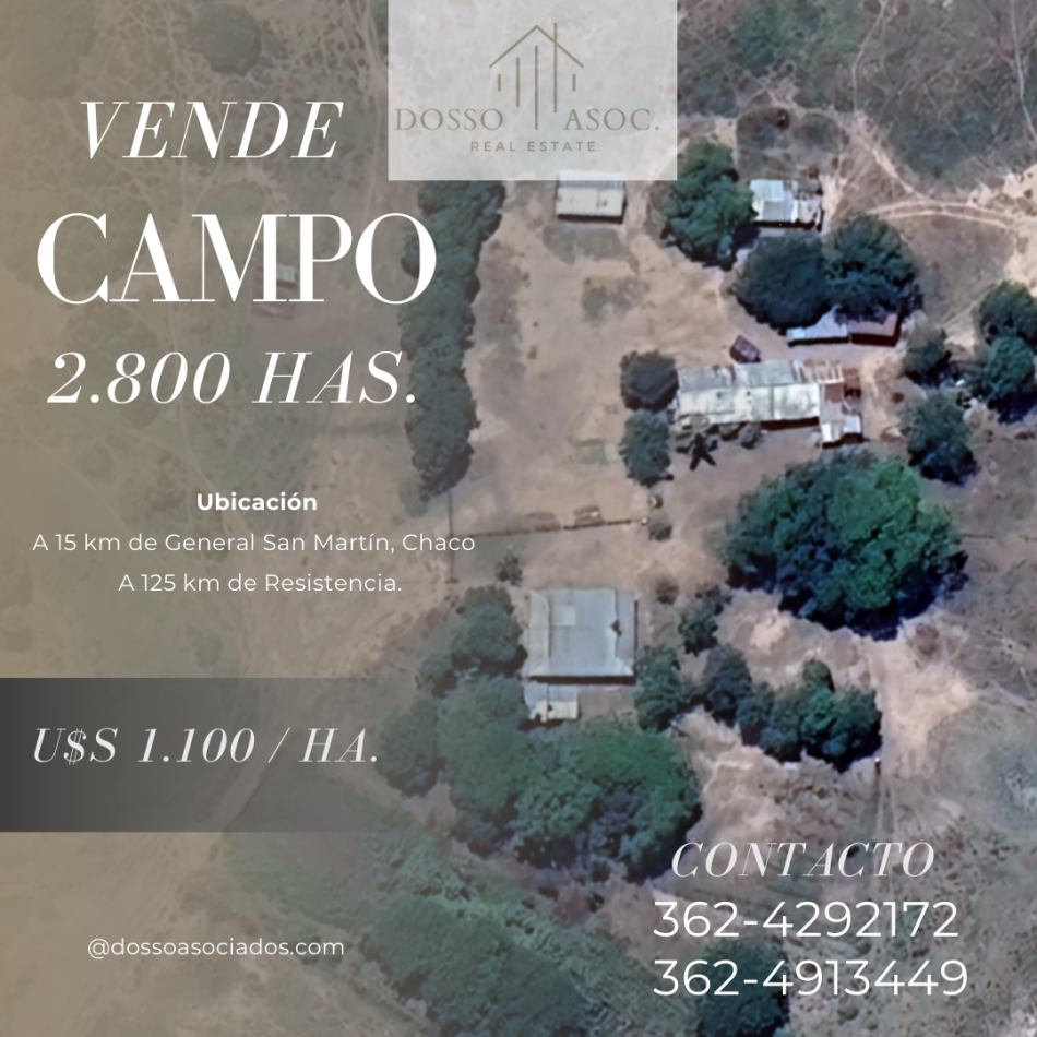 Vende campo A 15 km de General San Martin, Chaco (S 26° 26' 0.571''   O 59° 8' 49.515''). A 125 km de Resistencia. 