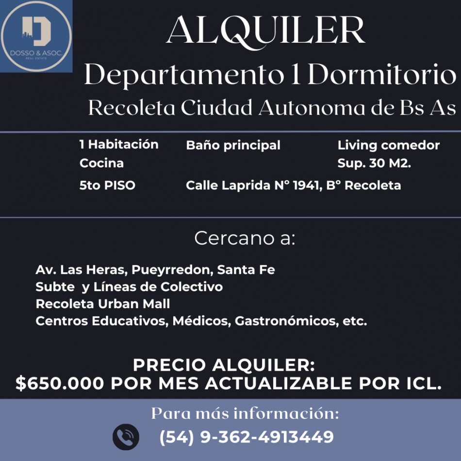 Alquiler Departamento 1 Dormitorio - Recoleta, CABA