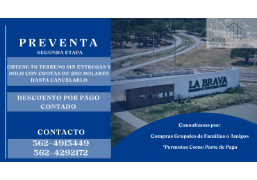 Hoy te presentamos la Preventa de la Segunda Etapa de La Brava Barrio & Chacras Golf, ubicada a 15 minutos de la ciudad de Resistencia sobre Ruta Provincial No 16.